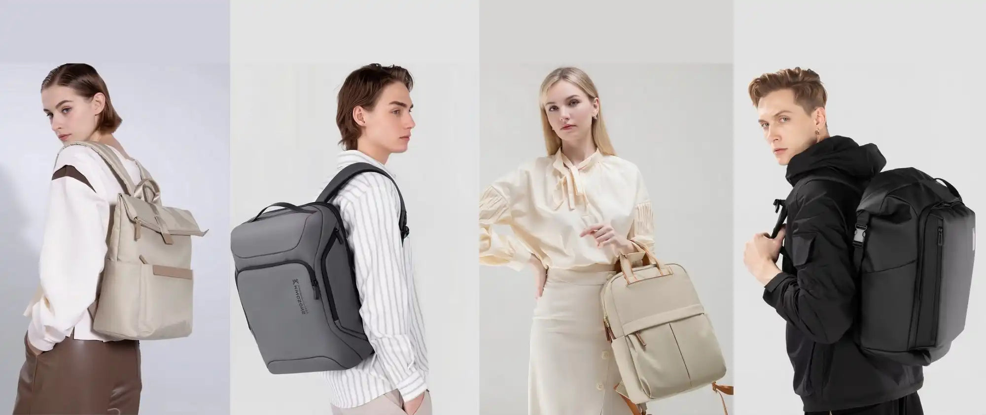 Sac à dos beige avec des accents et des bretelles noires, en tissu durable.