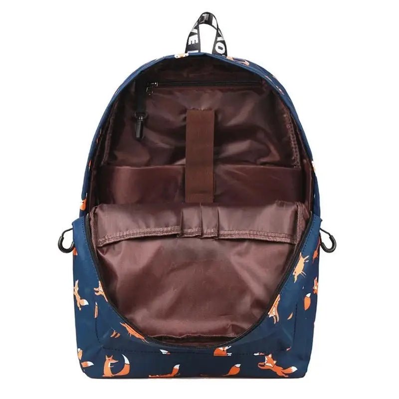 Sac à dos fille navy avec motif renard orange et plusieurs compartiments intérieurs