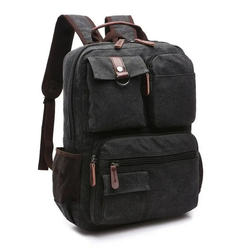 Sac à dos en toile noire pour homme avec poches extérieures et accents en cuir marron