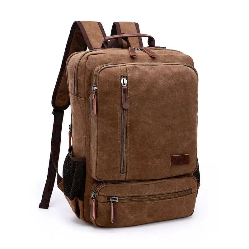 Sac à dos en toile marron vintage homme avec plusieurs compartiments zippés et poches latérales