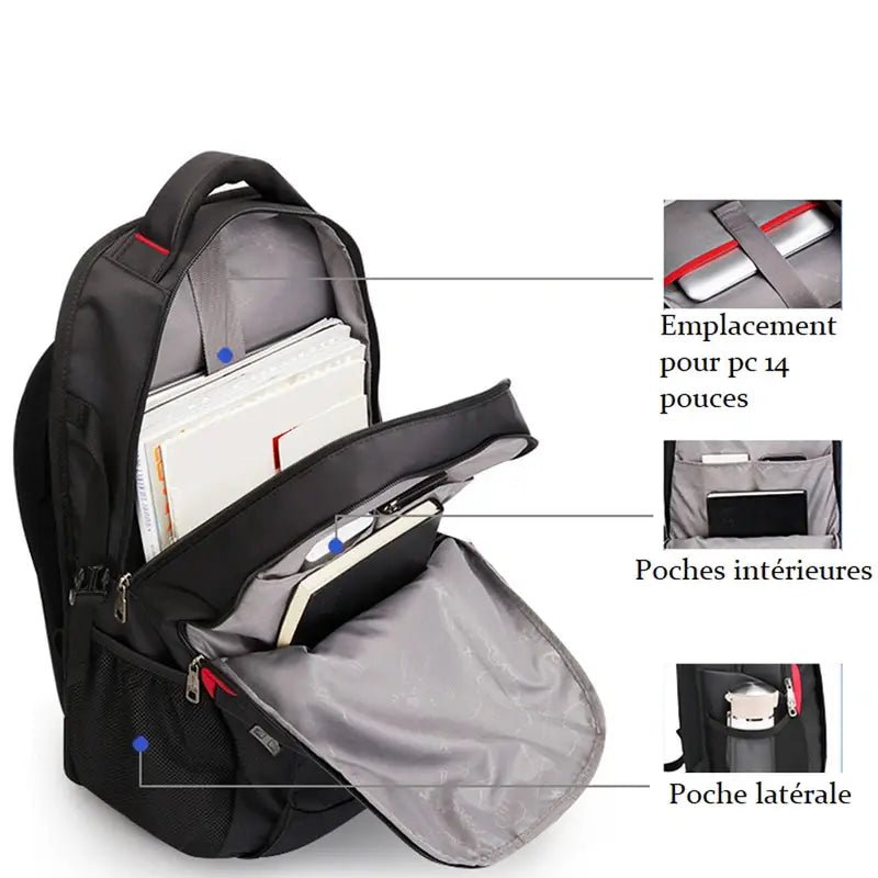 Sac à dos noir multi- Compartiments pour collège avec espace pour ordinateur 14 pouces