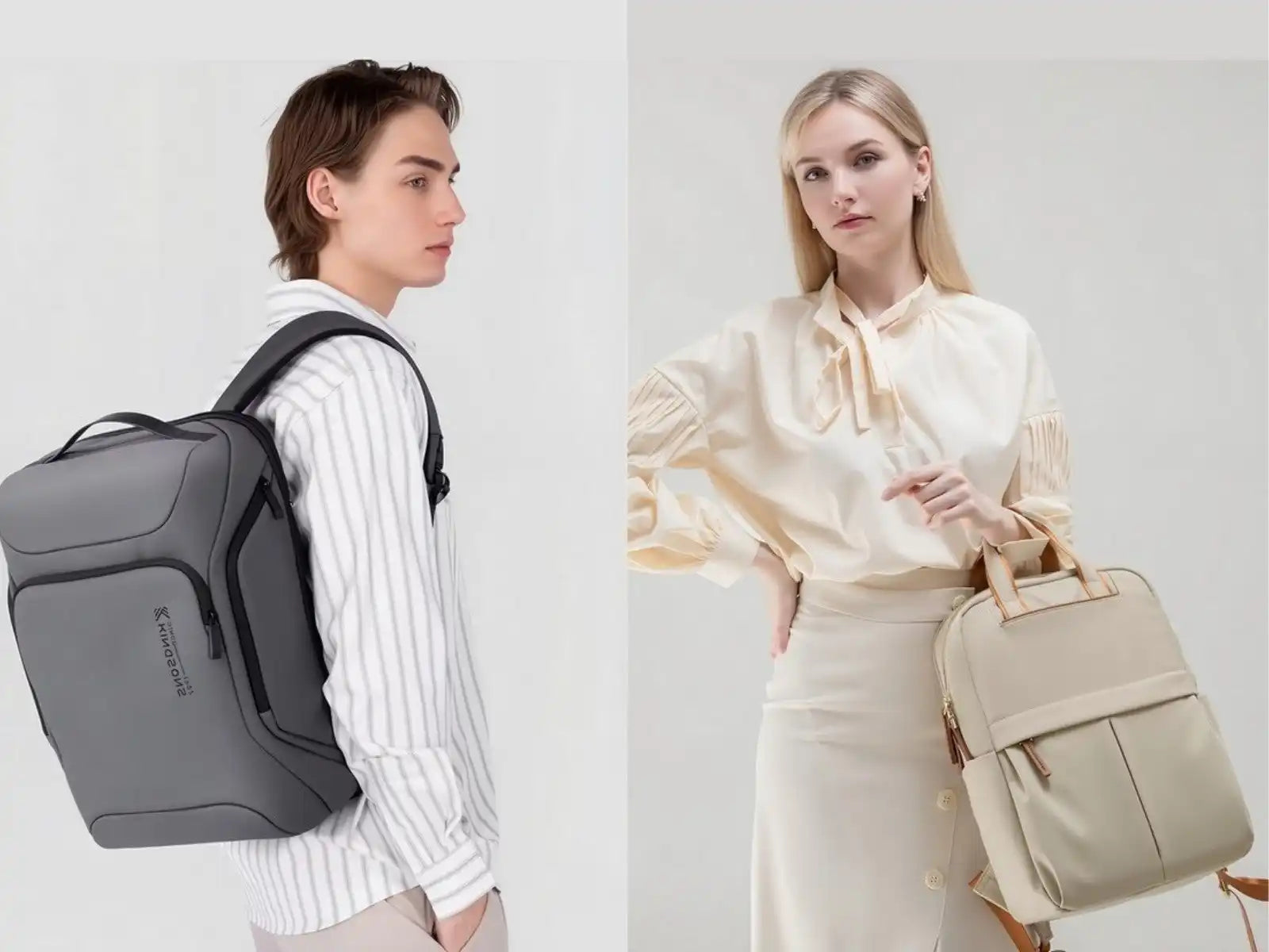 Sac à dos gris avec des accents noirs et un compartiment pour ordinateur portable