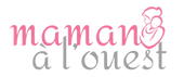 Un logo représentant le texte »maman, à l’ouest« en rose et gris, avec une illustration stylisée en rose d’une mère et d’un enfant.
