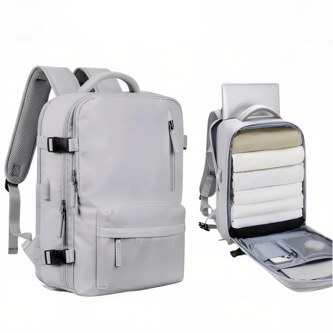 Sac 40x20x30 : sac à dos gris clair avec compartiments multiples et housse ordinateur en tissu durable