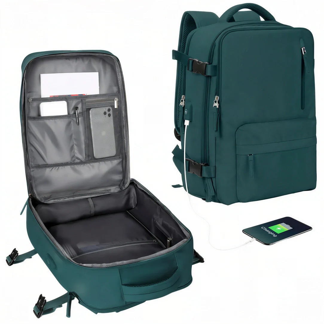 Sac 40x20x30 vert avec compartiments multiples et port USB, tissu durable