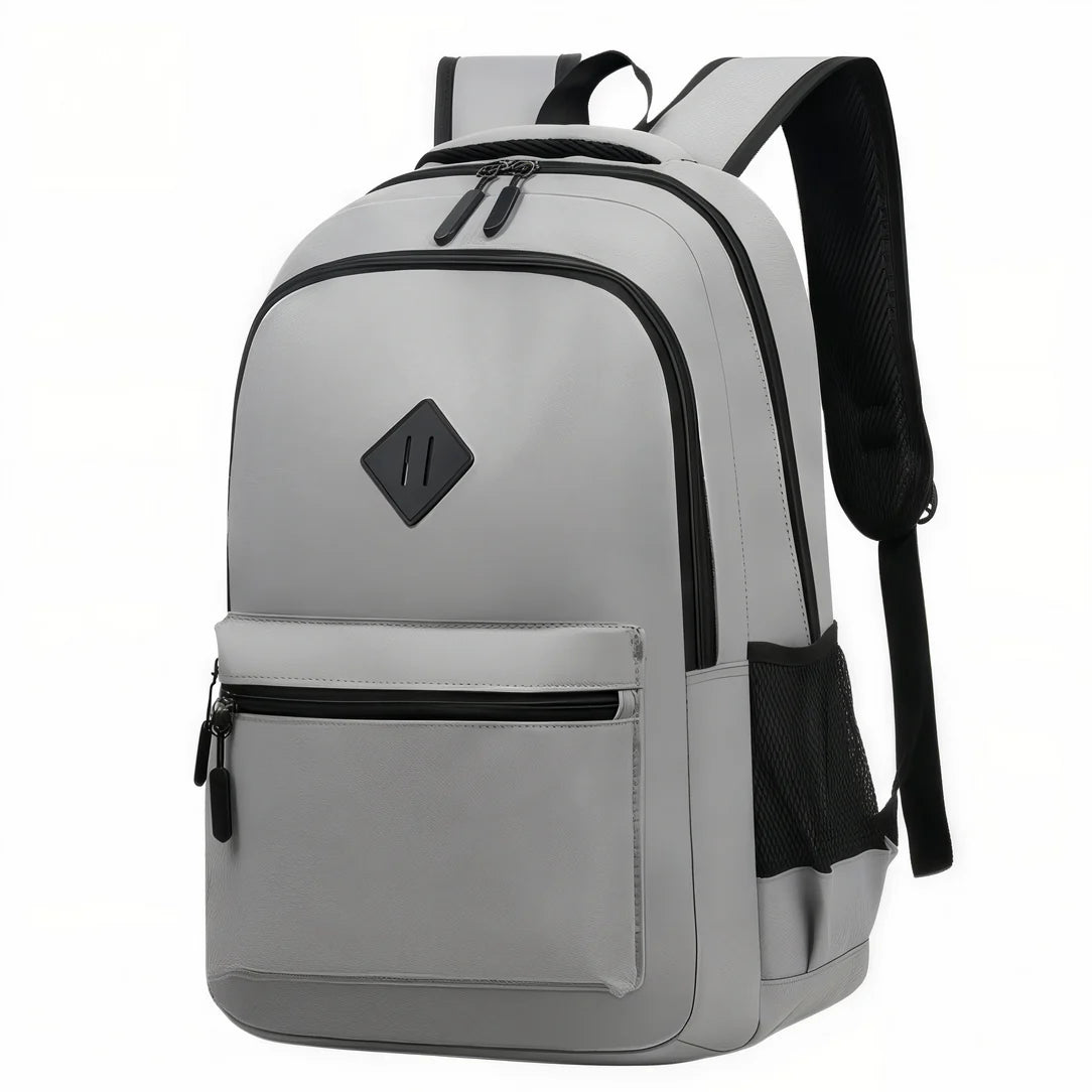 Sac à dos 2 compartiments collège gris clair avec accents noirs, poches zippées