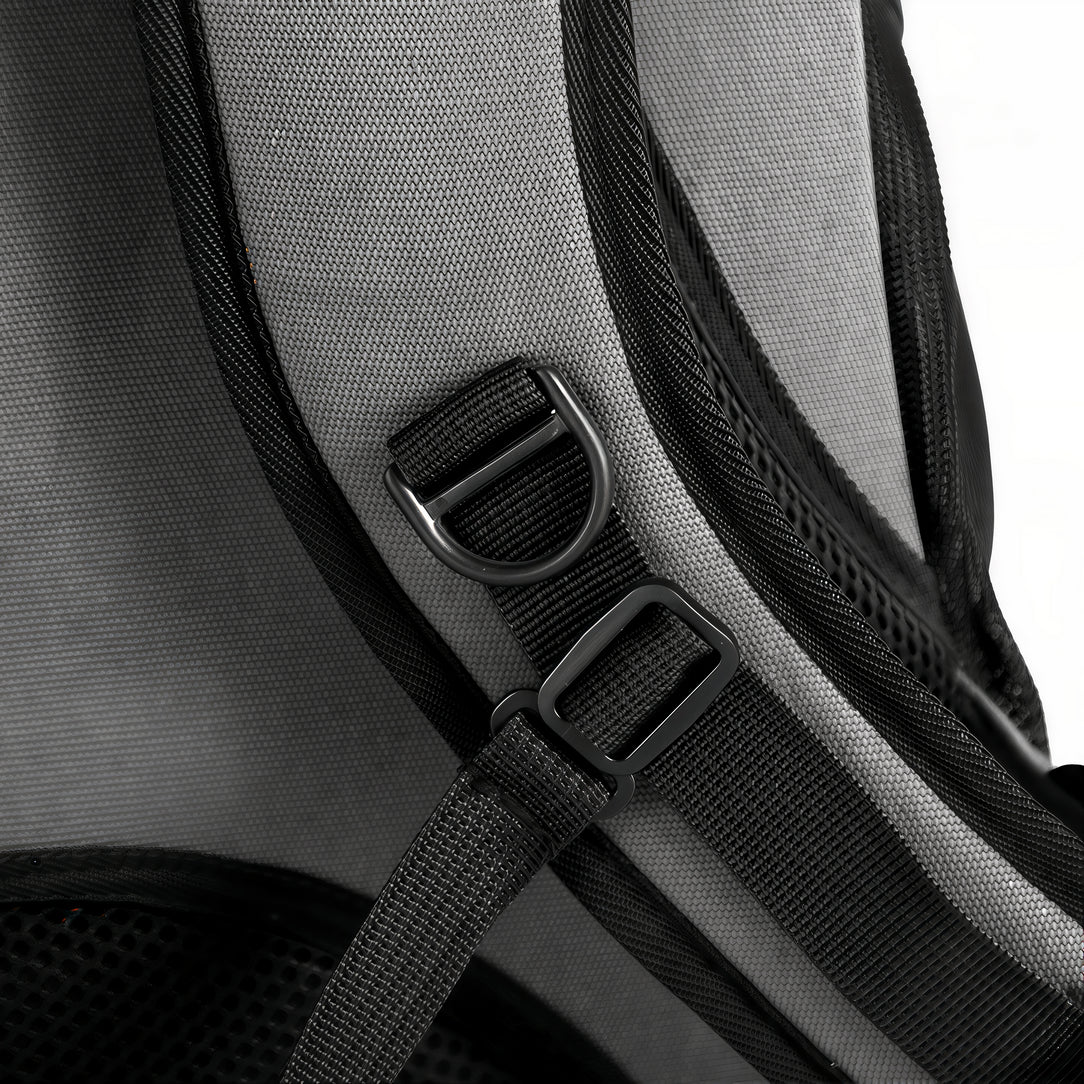 Sac à dos à chat grand volume FelinPorter en tissu gris avec bretelles noires et D-rings