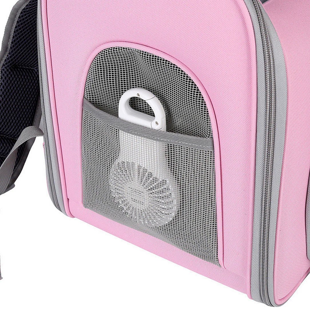 Sac à dos chat transparent rose avec fenêtre en mesh et ventilateur attaché