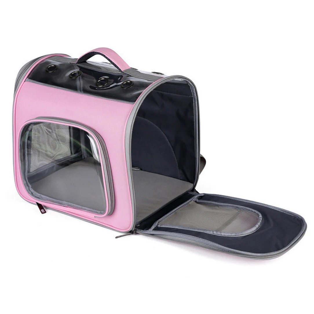 Sac à dos chat transparent rose avec côtés transparents et section extensible Chatelair