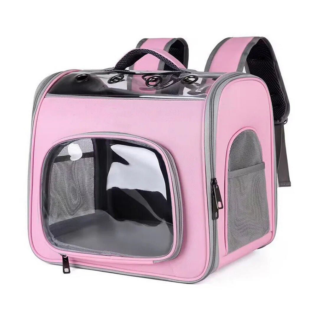 Sac à dos chat transparent rose avec fenêtres en plastique et ventilation en mesh
