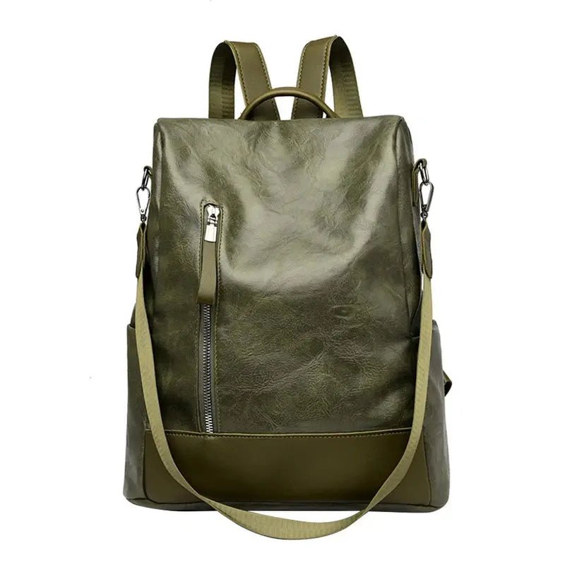 Sac à dos en cuir souple femme vert olive avec bretelles ajustables et poche zippée