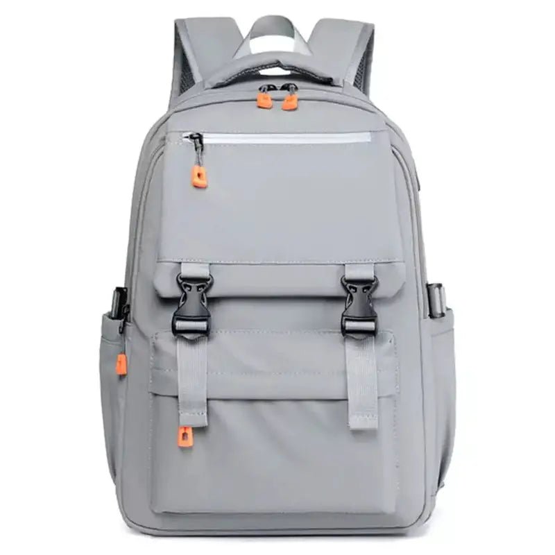 Sac à dos de cours gris avec boucles noires et tirettes orange