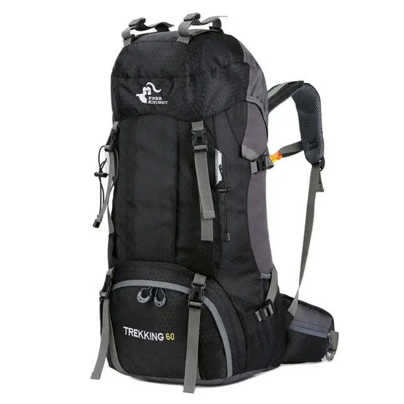 Sac à dos de randonnée 60L Trekking noir et gris avec compartiments et bretelles ajustables