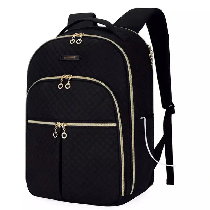 Sac à dos en tissus femme noir avec quilting, fermetures éclair et accessoires en or