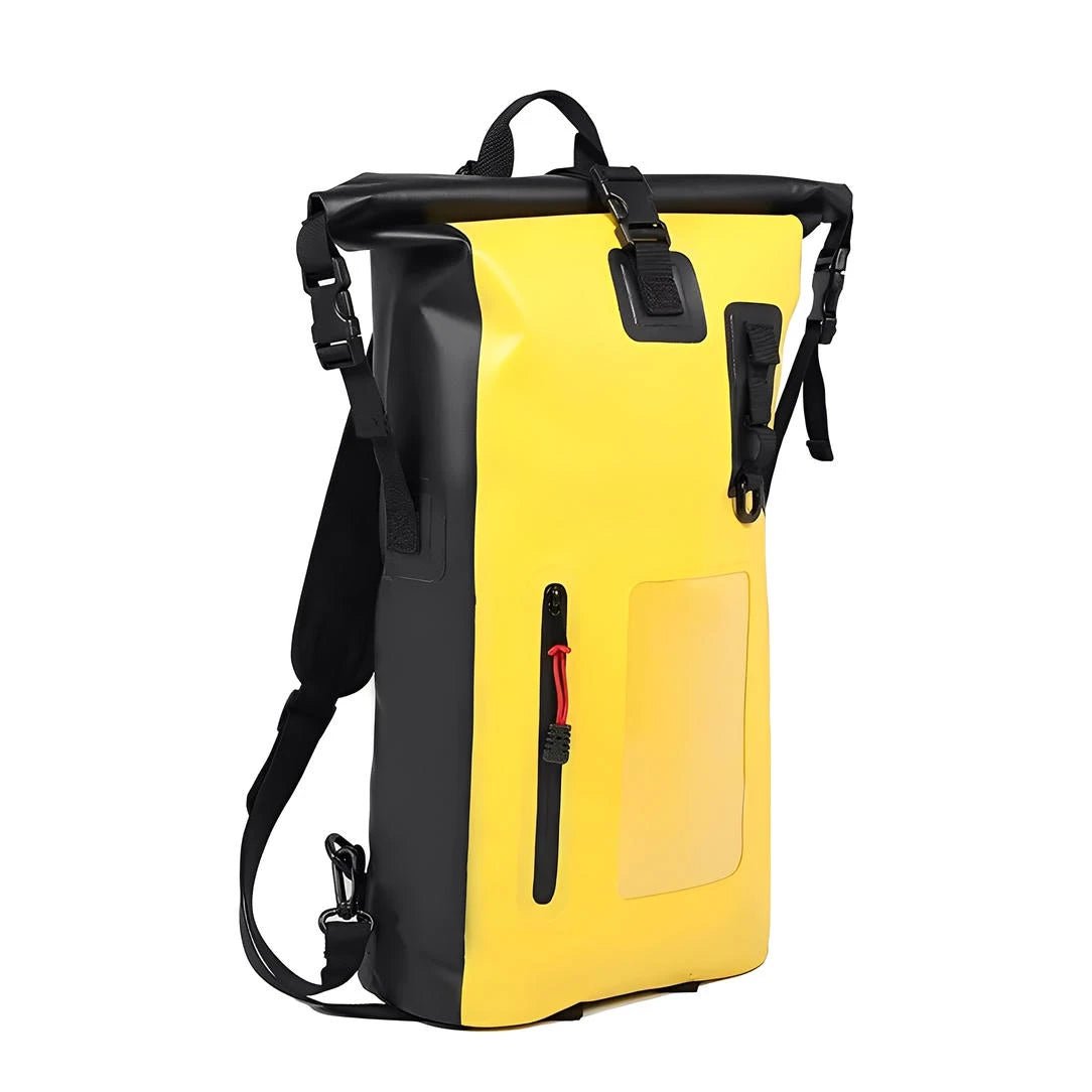 Sac à dos étanche de rafting jaune et noir avec fermeture à rouleau