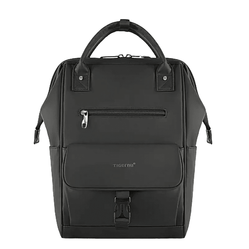 Sac à dos fashion noir rectangulaire avec poignée supérieure et plusieurs compartiments zippés