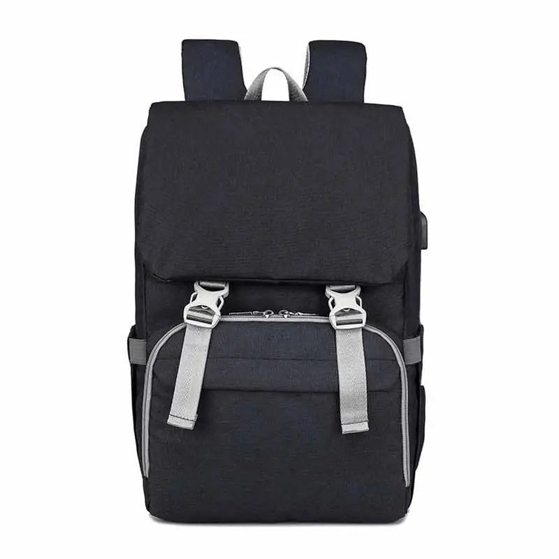 Sac à dos à langer ergonomique noir avec bretelles et boucles gris clair