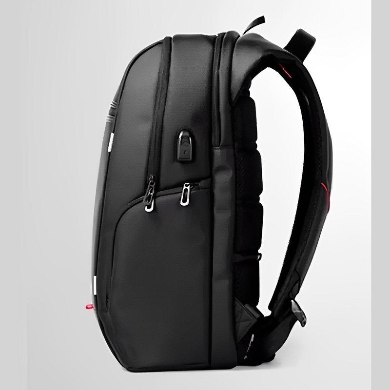 Sac à dos ordi femme noir avec port de chargement USB et multiples compartiments zippés