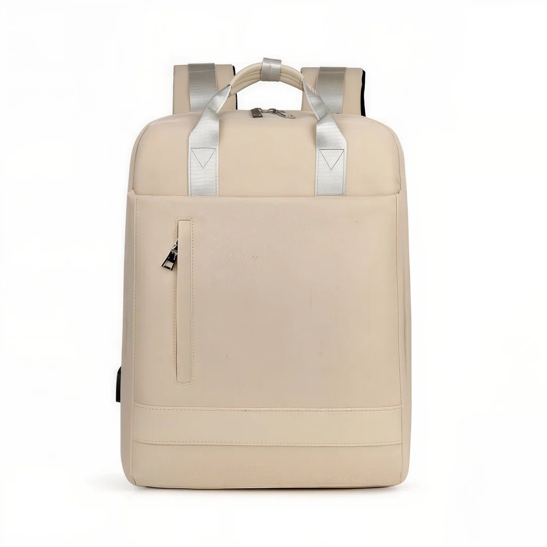 Sac à dos ordinateur 16 pouces femme Sélène beige avec bretelles argentées et poche avant