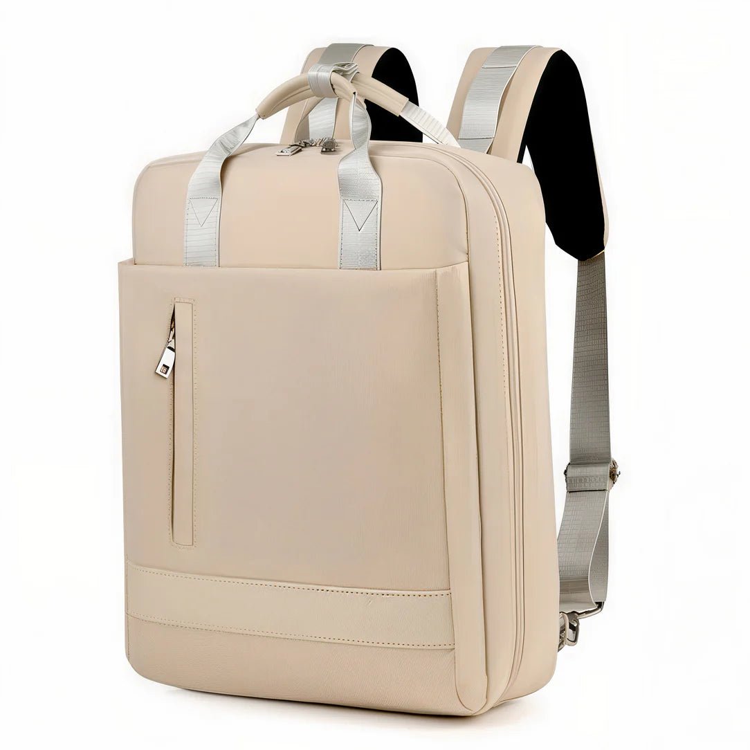 Sac à dos ordinateur 16 pouces femme Sélène beige avec poche verticale et bretelles gris clair