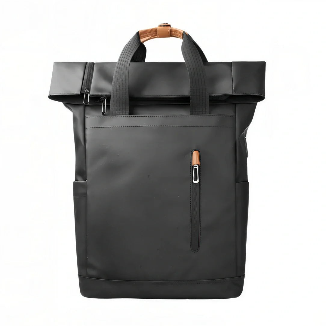 Sac à dos roll top noir avec accents en cuir marron et multiples poches
