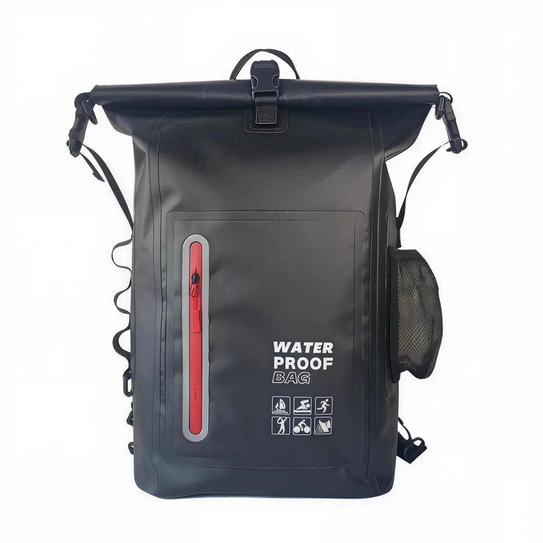 Sac à dos étanche waterproof avec zip rouge vertical et poche en mesh sur le côté