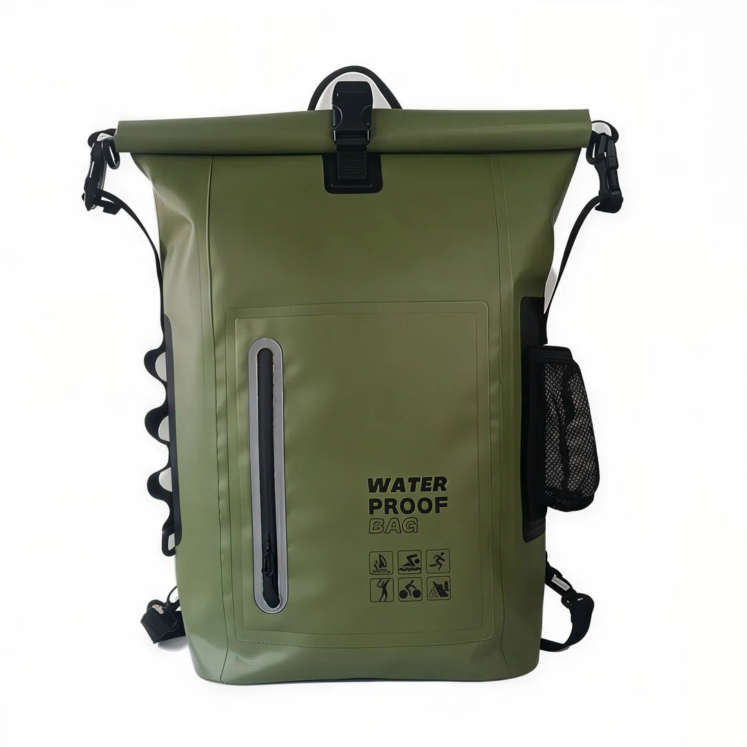 Sac à dos étanche vert olive avec poche zippée extérieure et poche en mesh