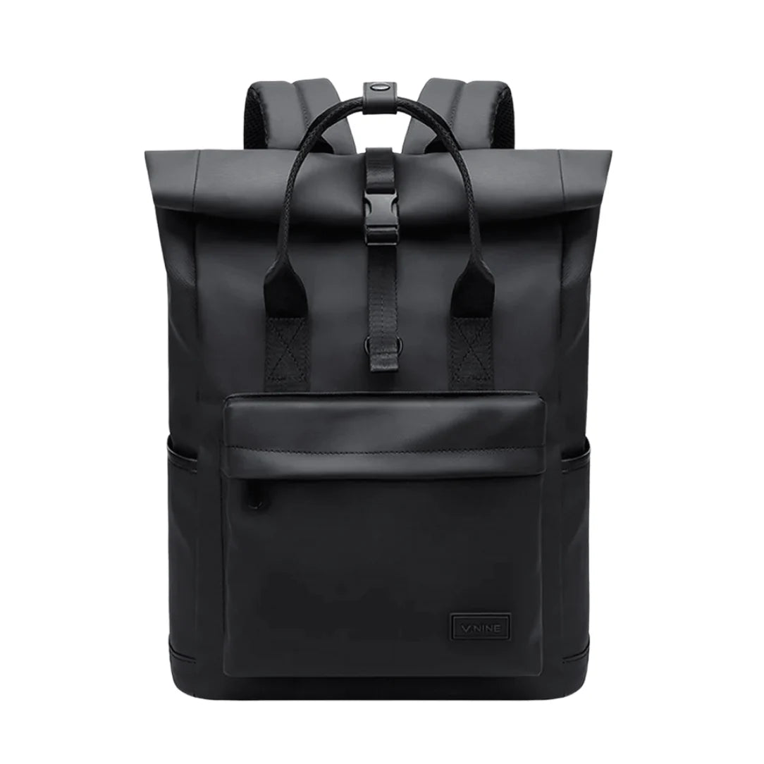Sac à dos urbain imperméable Nostra en cuir noir avec poche à rabat frontale
