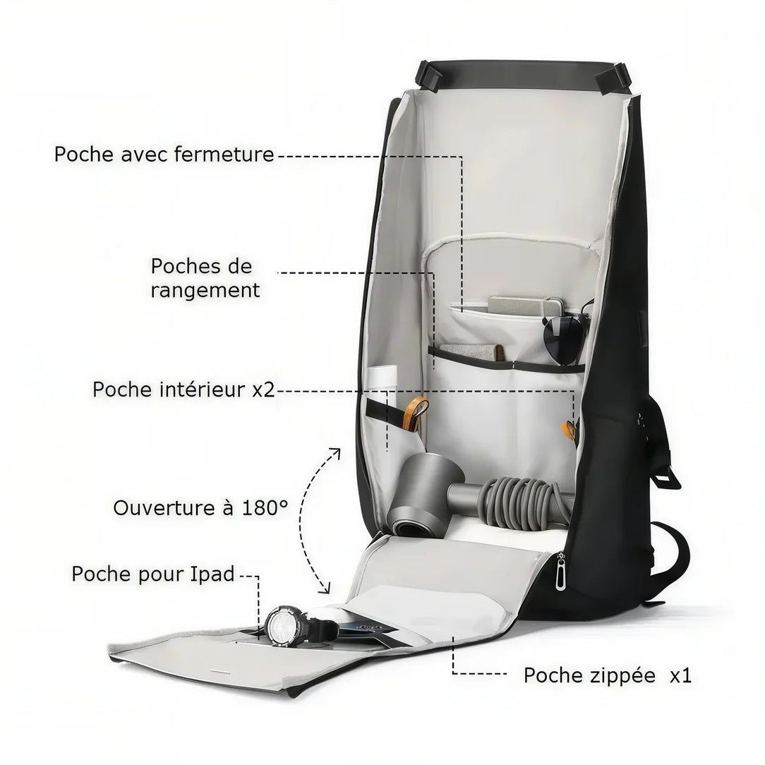 Sac à dos vélo urbain imperméable Ryden I noir avec compartiments et ouverture à 180 degrés