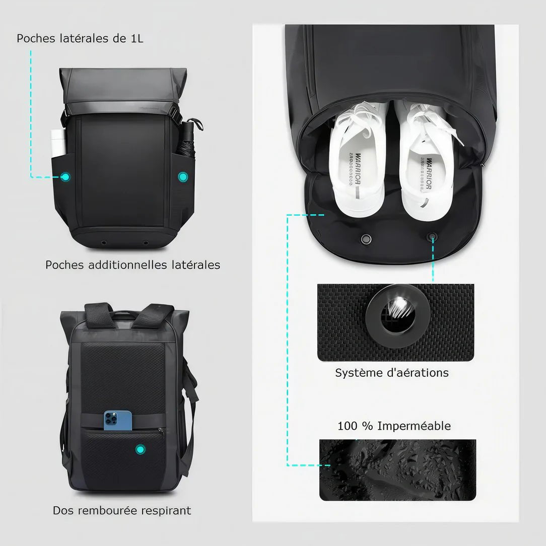 Sac à dos vélo urbain imperméable Ryden I avec compartiments, poche chaussures et ventilation
