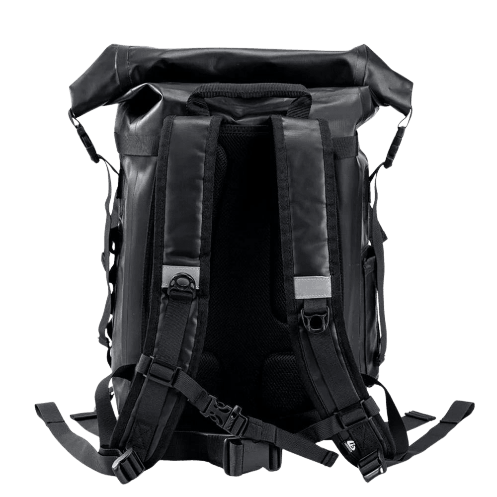 Sac à dos waterproof de randonnée noir avec bretelles rembourrées et accents réfléchissants