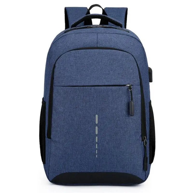 Sac de cours collège en tissu bleu avec poche zippée, poches latérales et port USB