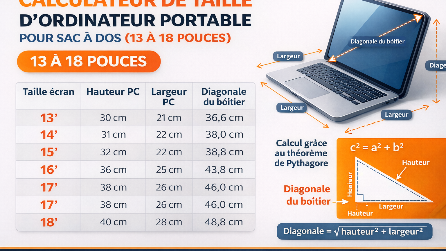 Calculer la taille d'un ordinateur portable pour un sac à dos