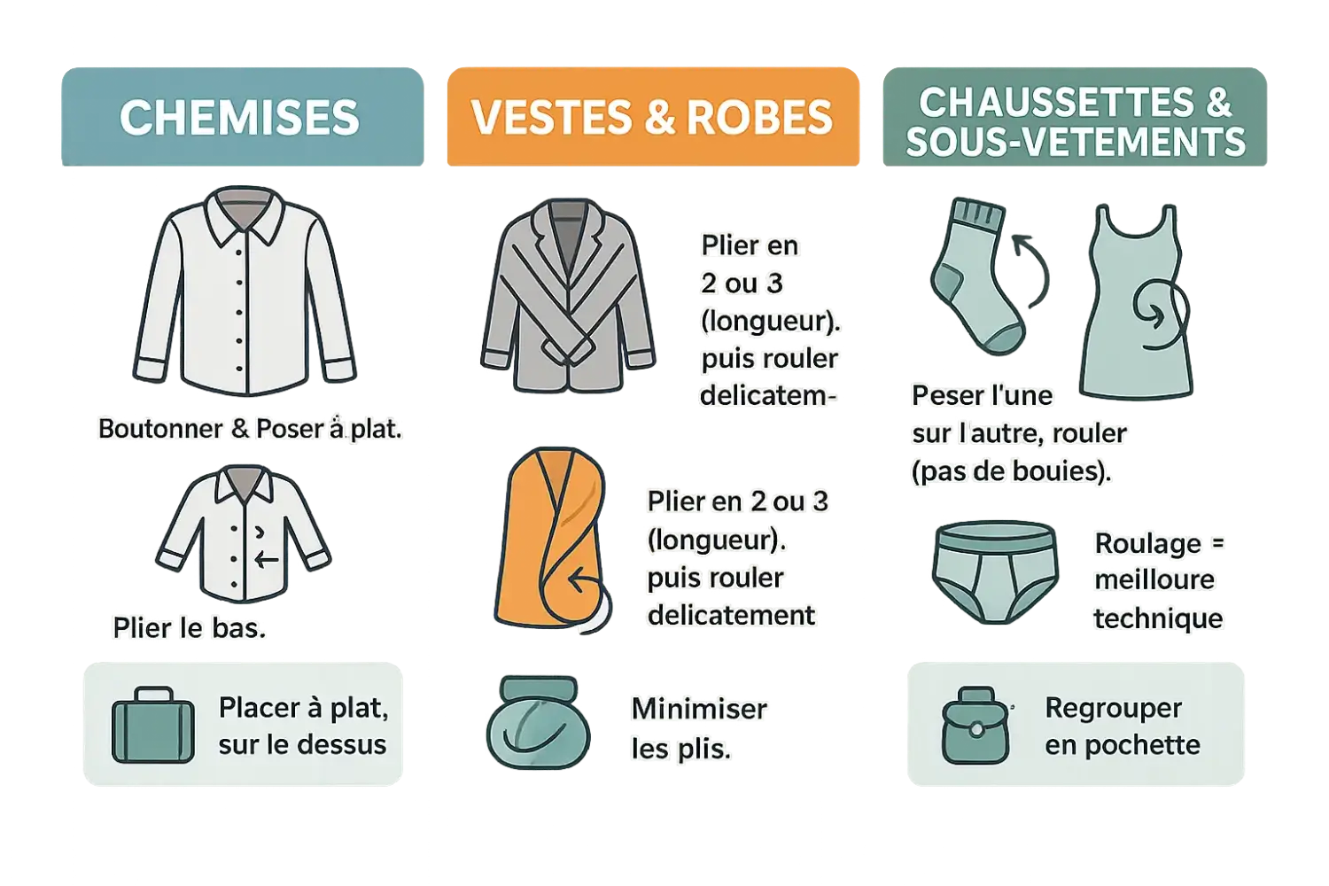 Illustration du pliage efficace des vêtements dans un sac à dos
