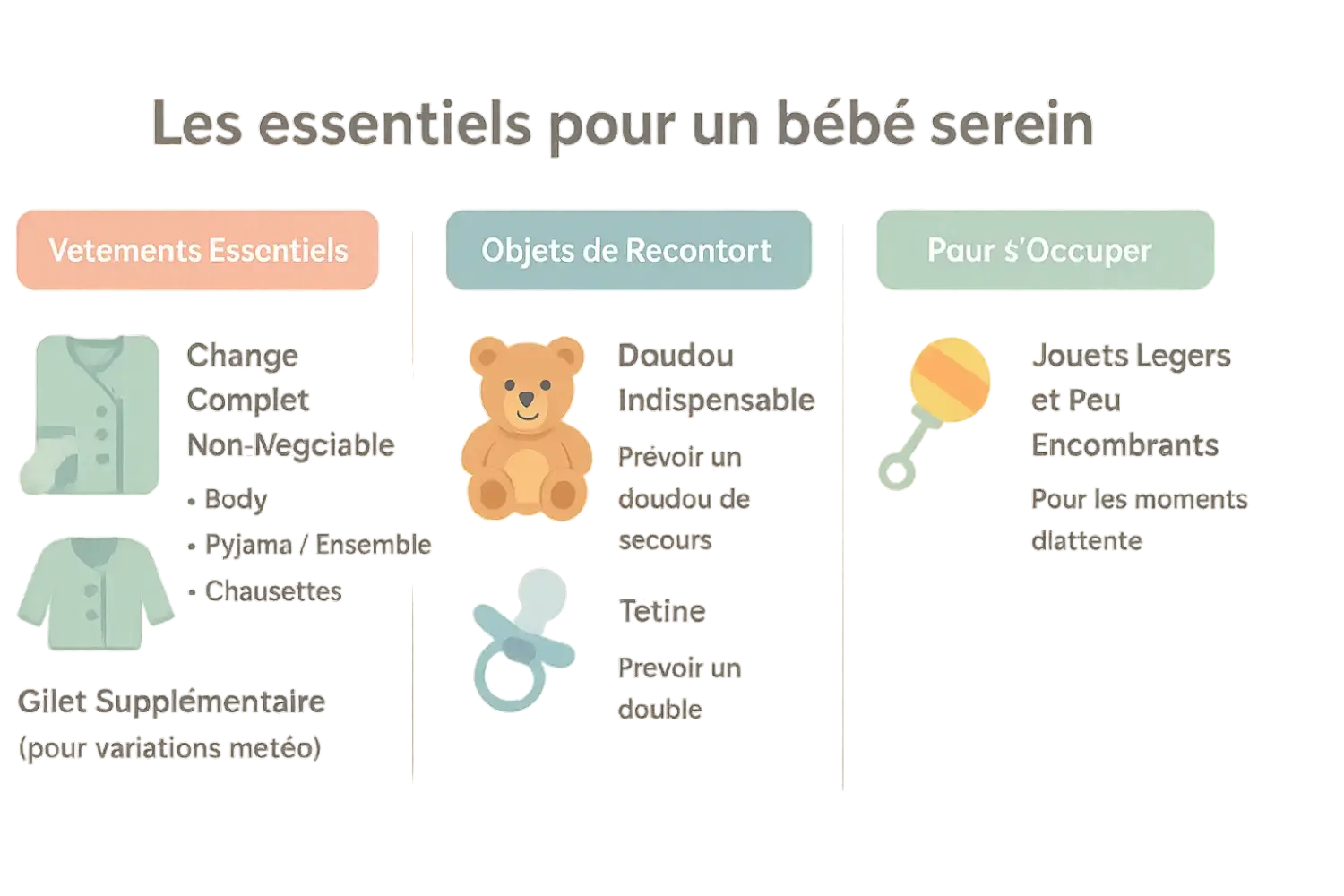 Illustration des essentiels pour un bébé serein dans un sac à langer