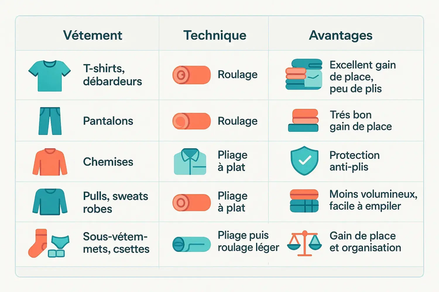 Illustration des techniques de pliage et roulage