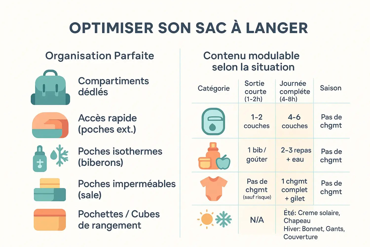 Illustration d'un sac à langer bien organisé avec ses accessoires