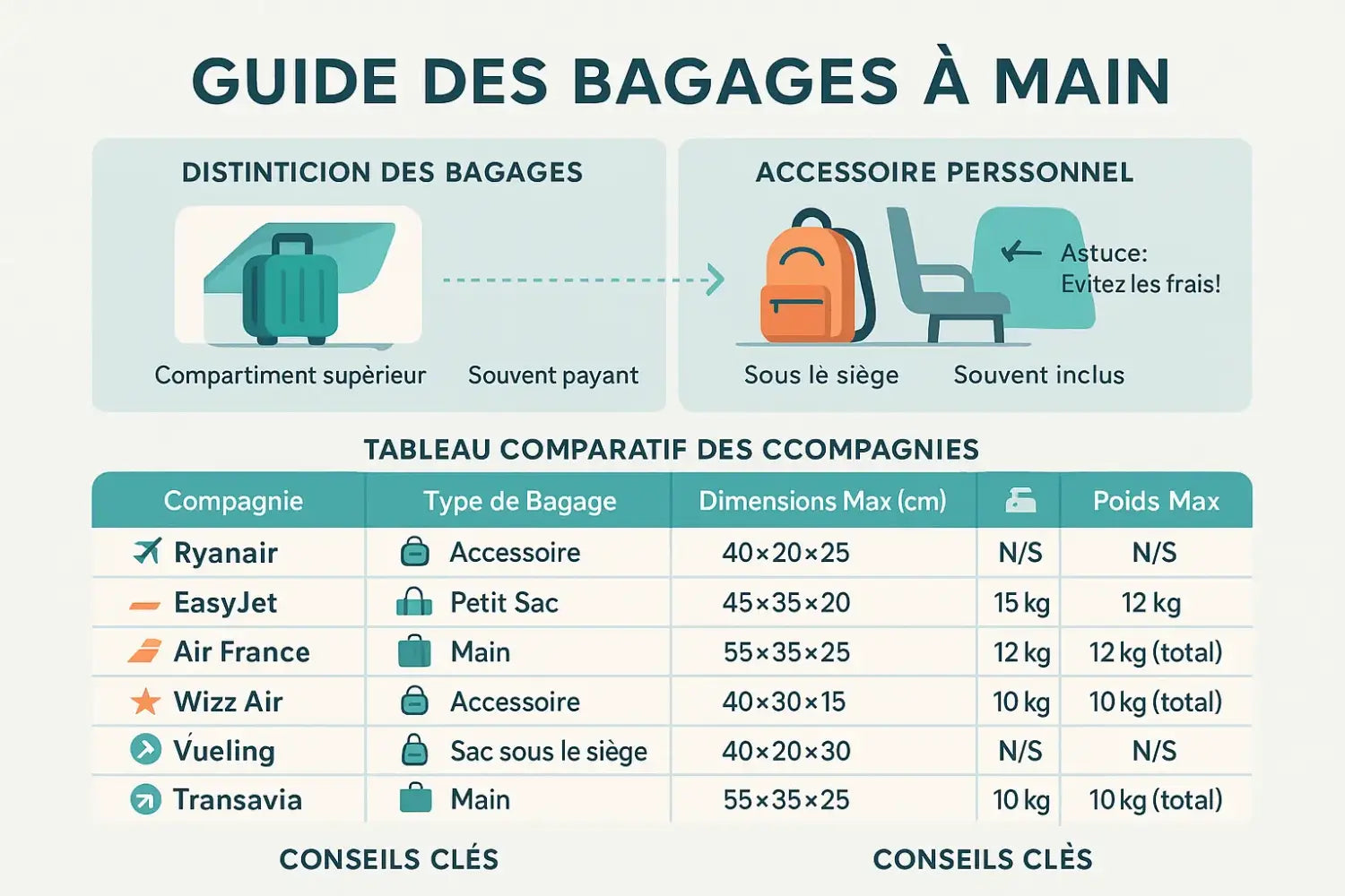 Tableau comparatif des dimensions des bagages cabine