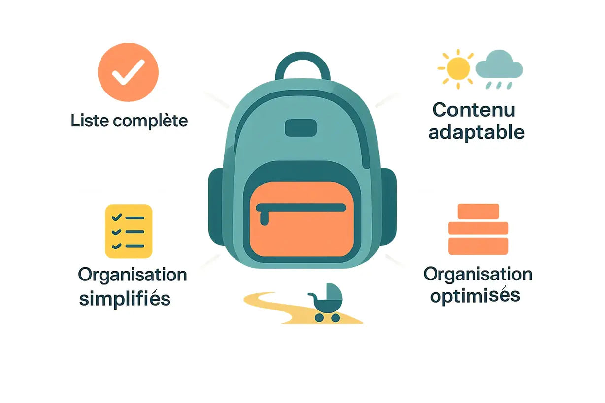 Illustration d'un sac à dos à langer moderne rempli d'essentiels