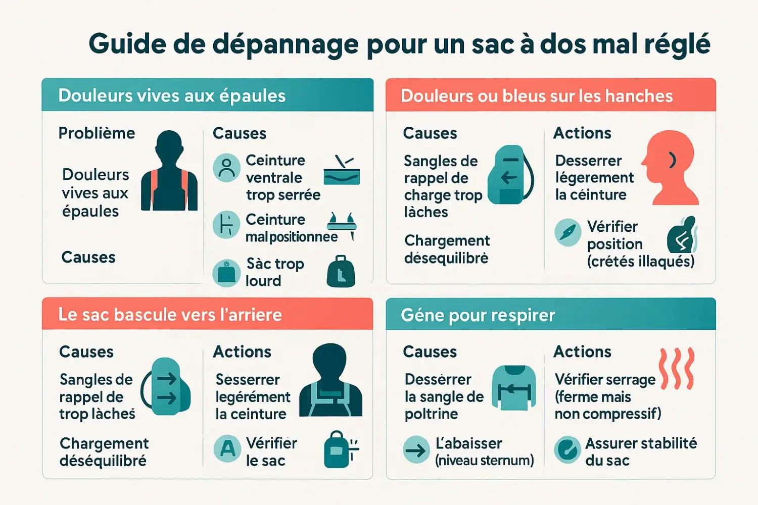 Illustration d'un sac à dos mal réglé avec points de pression