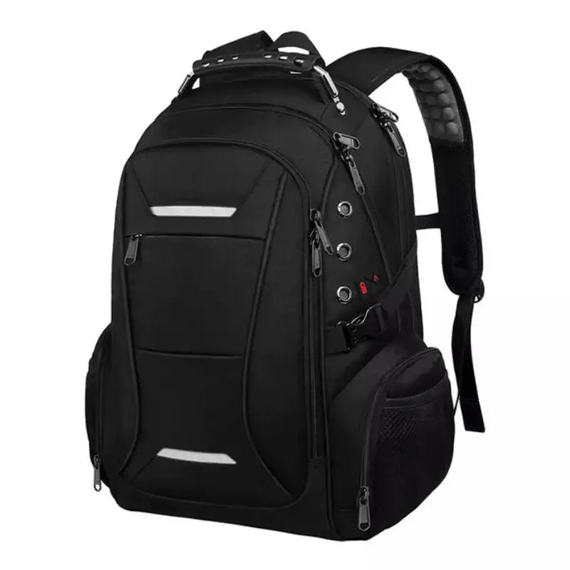 Sac à dos homme multifonction noir avec compartiments, bandes réfléchissantes et bretelles rembourrées
