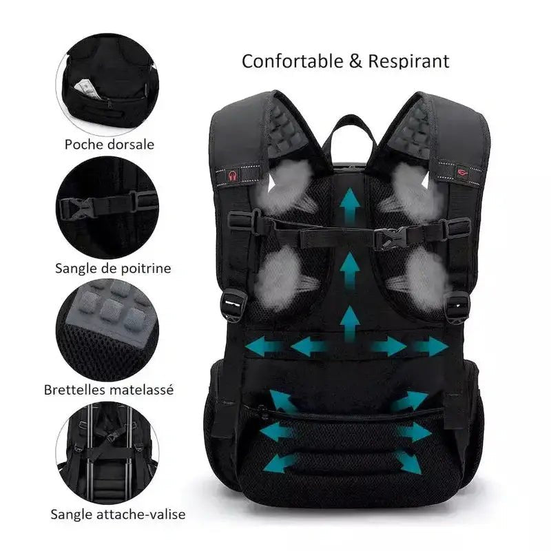 Sac à dos homme multifonction noir avec dos ergonomique, bretelles ajustables et attachment pour bagage