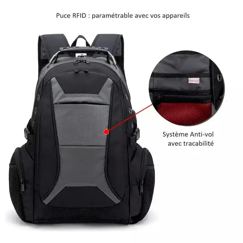 Sac à dos anti-vol noir et gris multifonction pour homme avec puce RFID