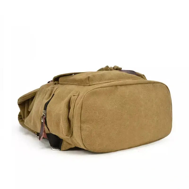 Sac à dos en toile marron avec fond plat et poche latérale, style décontracté homme