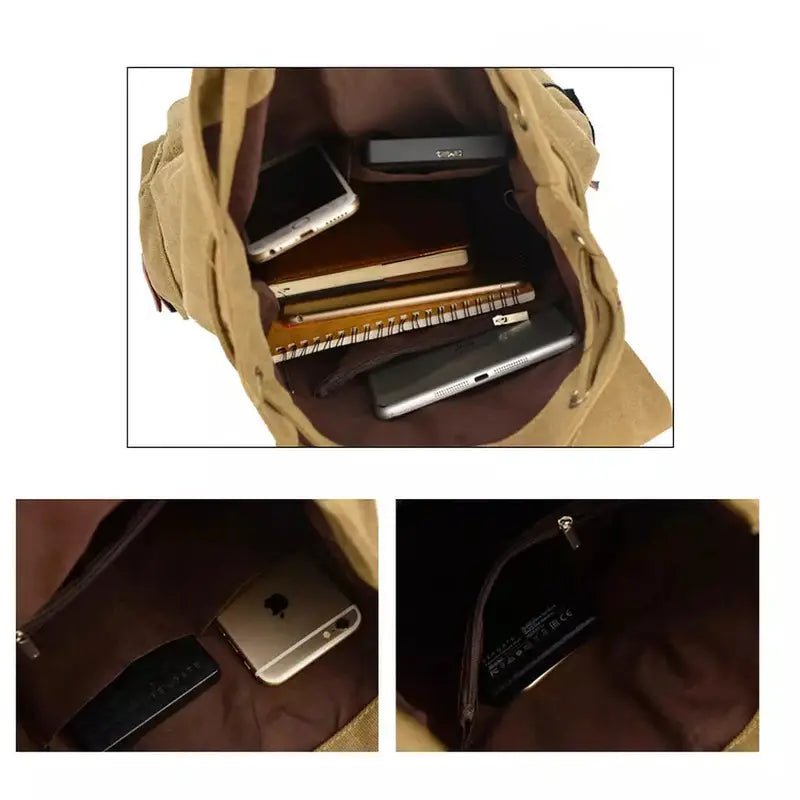 Sac à dos en toile kaki pour homme avec plusieurs compartiments pour organiser électronique et livres