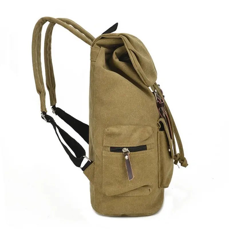 Sac à dos en toile kaki avec plusieurs poches et cordon de serrage pour homme casual