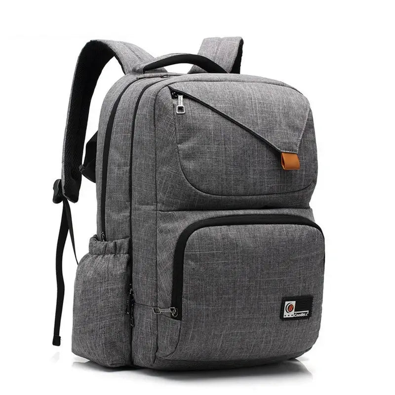 Cartable noir d école en tissu gris avec plusieurs compartiments et accents en cuir marron
