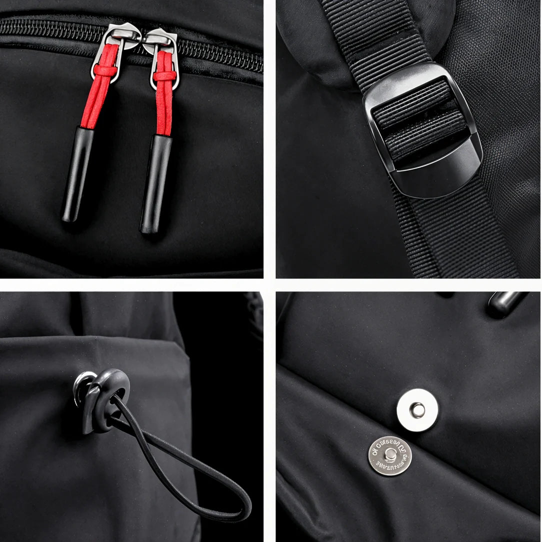 Détails en gros plan du sac à dos pour ados avec zippers, boucle et fermeture magnétique