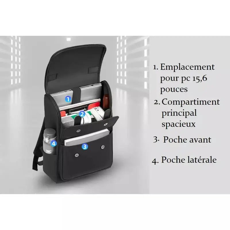 Sac à dos noir pour ordinateur femme avec plusieurs compartiments pour livres et accessoires