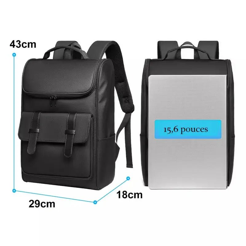 Sac à dos noir pour femme avec plusieurs compartiments adapté pour un ordinateur portable 15.6 pouces